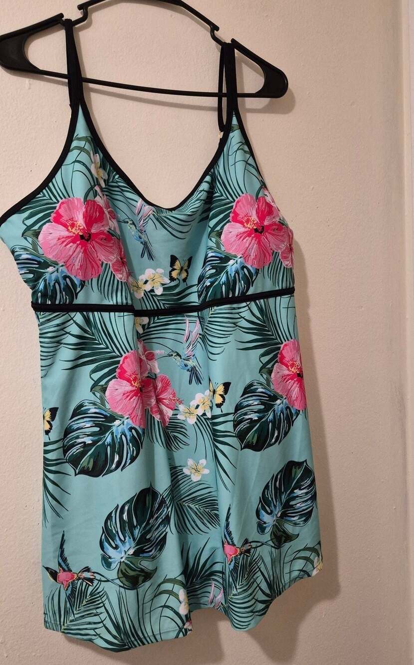 Noon Swim Tropical Floral Tankini Swim Dress with Adjustable Straps